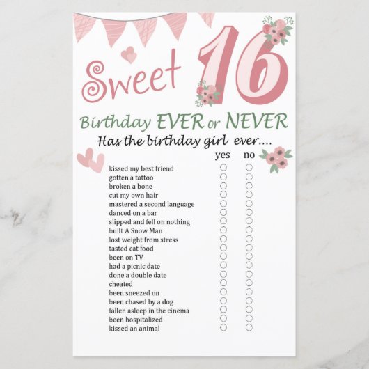 16e verjaardag ooit of nooit (Voorkant)