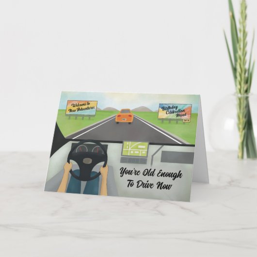 16e verjaardag oud genoeg om te rijden feestdagen kaart (Voorkant)