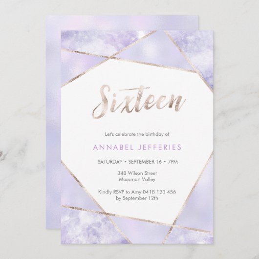 16e verjaardag paars en goud kaart (Voorkant / Achterkant)