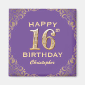 16e verjaardag Paars- en goudglitter-Lijst Magneet (Voorkant)