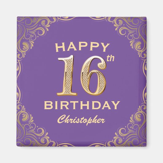 16e verjaardag Paars- en goudglitter-Lijst Magneet (Voorkant)