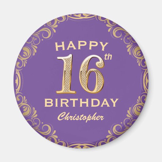 16e verjaardag Paars- en goudglitter-Lijst Magneet (Voorkant)