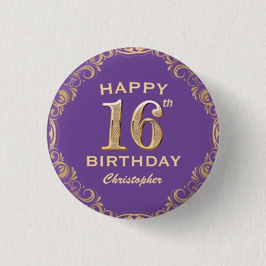 16e verjaardag Paars- en goudglitter-Lijst Ronde Button 3,2 Cm (Voorkant)