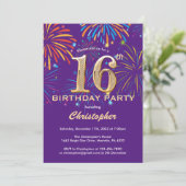 16e verjaardag Paars- en goudregenboogvuurwerk Kaart (Staand voorkant)