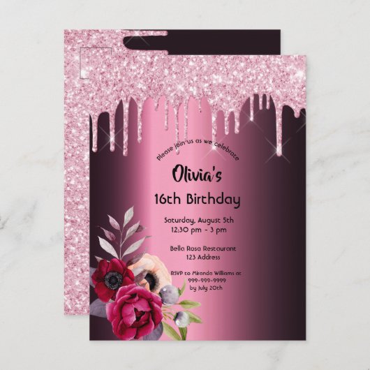 16e verjaardag paarse glitter-uitnodiging briefkaart (Voorkant / Achterkant)