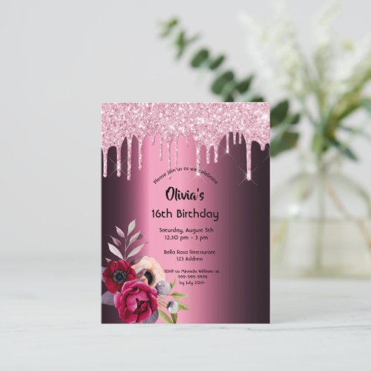 16e verjaardag paarse glitter-uitnodiging briefkaart (Staand voorkant)