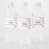16e verjaardag Paarse gouden Confetti Waterfles Etiket (Flessen)