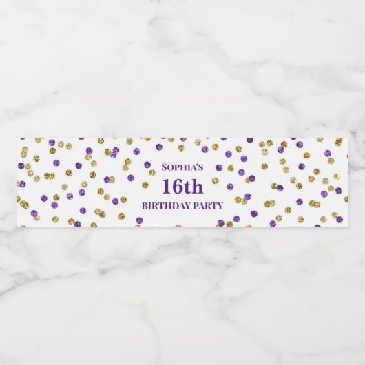 16e verjaardag Paarse gouden Confetti Waterfles Etiket (Enkel label)