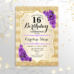 16e verjaardag - Paarse goudstapes Rozen Kaart<br><div class="desc">16e uitnodiging van de verjaardag. Elegant design in goud en paars. Met faux glitter Gold stripes,  rozen stijlvolle scriptlettertypen en confetti. Ideaal voor een glam verjaardagsfeestje.</div>