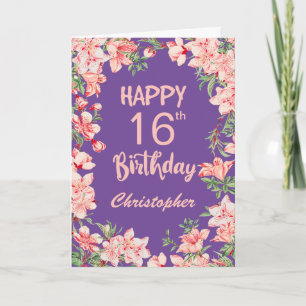 16e verjaardag Paarse Pink Peach Waterverf Floral Kaart