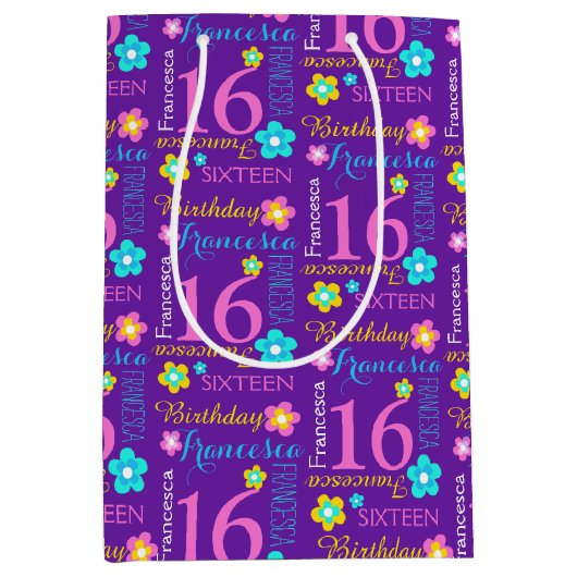 16e verjaardag paarse roze gele aqua aangepaste na medium cadeauzakje (Voorkant)