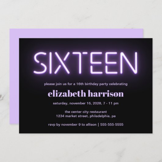 16e verjaardag Paarse uitnodiging voor verlichting (Voorkant / Achterkant)