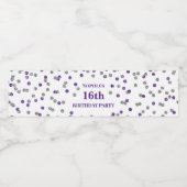 16e verjaardag Paarse zilveren Confetti Waterfles Etiket (Enkel label)