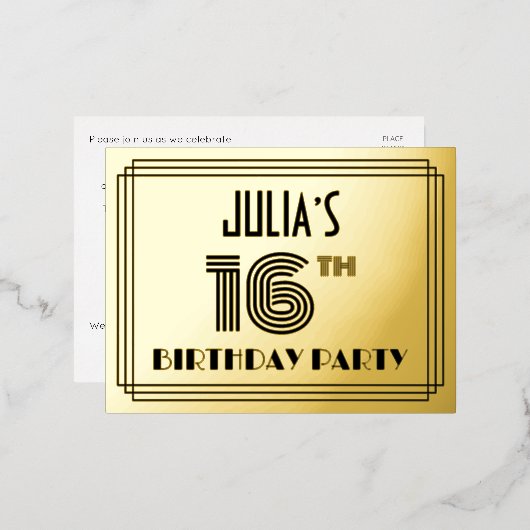 16e verjaardag party ~ Art Deco Style "16" + naam Folie Uitnodiging Briefkaart (Voorkant / Achterkant)