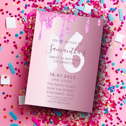 16e verjaardag Pink Glitter & Metallic Party Kaart