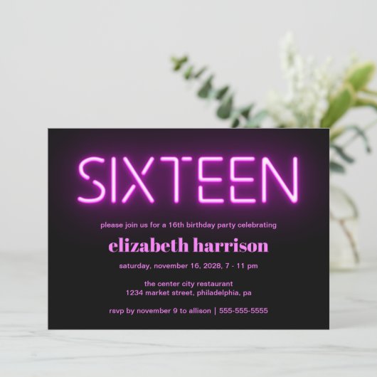 16e verjaardag Pink Neon Licht Kaart (Staand voorkant)