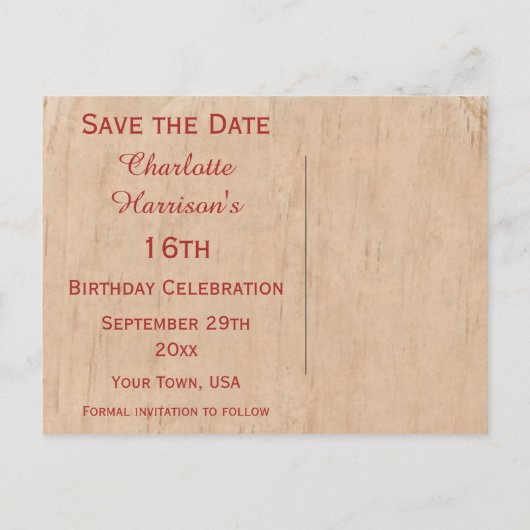  16e Verjaardag Red Rose Houten Lijst Aankondigingskaart (Achterkant)