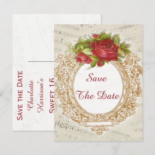  16e Verjaardag Red Rose Lijst Muziekblad Aankondigingskaart (Voorkant / Achterkant)