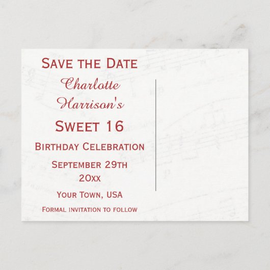  16e Verjaardag Red Rose Lijst Muziekblad Aankondigingskaart (Achterkant)