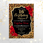 16e verjaardag - Red Roses Leopard Print Kaart<br><div class="desc">16e uitnodiging van de verjaardag. Elegant rood zwart wit design met faux glitter Gold. Kenmerken luipaard cheetah dierlijk afdrukken,  scriptlettertype en rozen. Ideaal voor een elegant verjaardagsfeestje. Kan elk jaar worden gepersonaliseerd! Bericht me als u verdere aanpassing nodig hebt.</div>