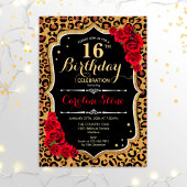16e verjaardag - Red Roses Leopard Print Kaart