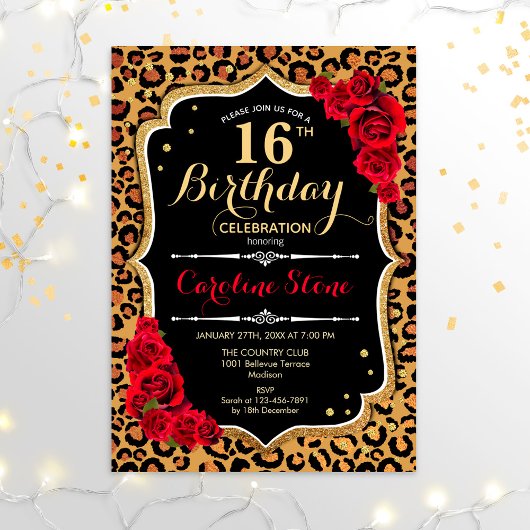 16e verjaardag - Red Roses Leopard Print Kaart