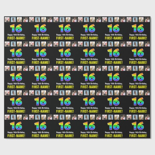 16e verjaardag: Regenboog "16"; Aangepaste foto's Cadeaupapier (Vlak)