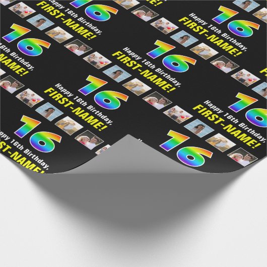 16e verjaardag: Regenboog "16"; Aangepaste foto's  Cadeaupapier (Hoek)