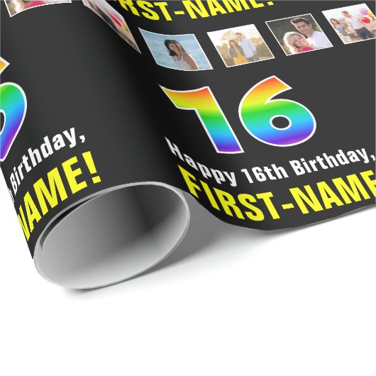 16e verjaardag: Regenboog "16"; Aangepaste foto's  Cadeaupapier (Rol Hoek)