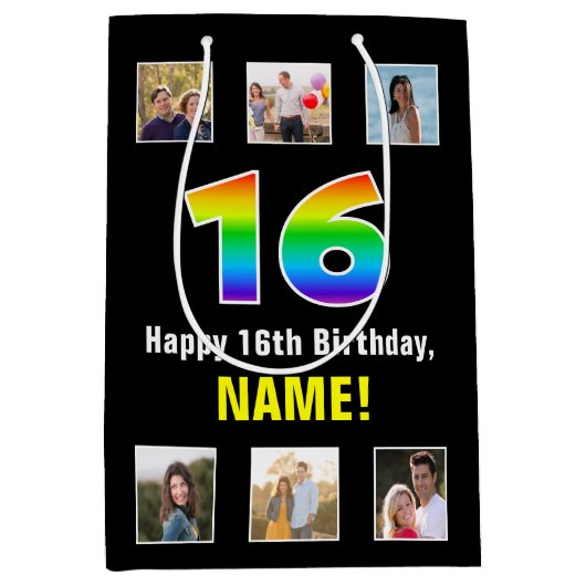 16e verjaardag: Regenboog "16", aangepaste foto's  Medium Cadeauzakje (Voorkant)