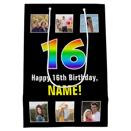 16e verjaardag: Regenboog "16", aangepaste foto's  Medium Cadeauzakje (Achterkant)