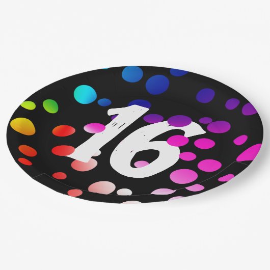 16e verjaardag RegenboogStippen op zwart Papieren Bordje (Gekanteld)