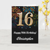 16e verjaardag regenboogvuurwerk zwart en goud kaart (Gele Bloem)