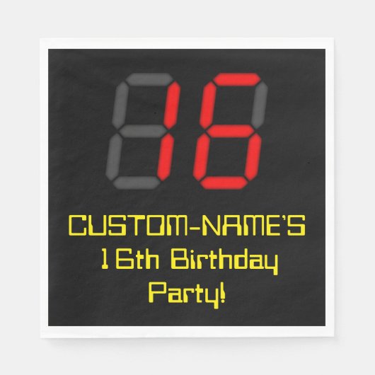 16e verjaardag: Rode digitale klok stijl "16" + na Servet (Voorkant)