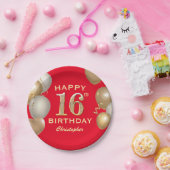 16e verjaardag Rode en goudballonnen op de Rode en Papieren Bordje (Feest)