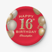 16e verjaardag Rode en goudballonnen op de Rode en Papieren Bordje (Voorkant)