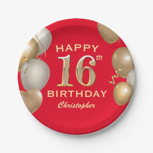 16e verjaardag Rode en goudballonnen op de Rode en Papieren Bordje (Voorkant)