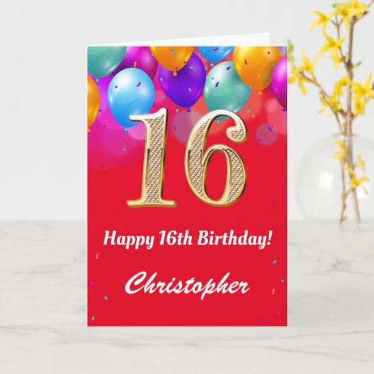 16e verjaardag Rode en goudkleurige ballonnen Kaart (Gele Bloem)