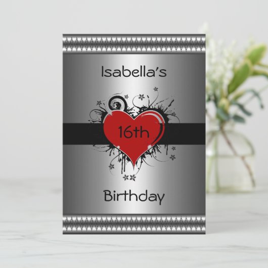 16e Verjaardag Rood Zwart Bloemen Hart Zilver Kaart (Staand voorkant)