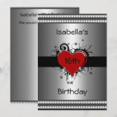 16e Verjaardag Rood Zwart Bloemen Hart Zilver Kaart (Voorkant / Achterkant)