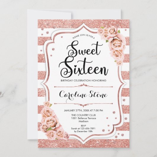 16e verjaardag - Roos Gold White Stripes Floral Kaart (Voorkant)