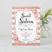 16e verjaardag - Roos Gold White Stripes Floral Kaart (Staand voorkant)