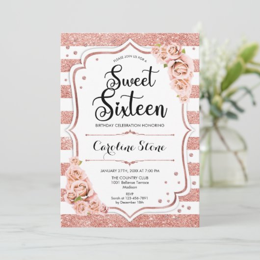 16e verjaardag - Roos Gold White Stripes Floral Kaart (Staand voorkant)