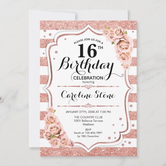 16e Verjaardag - Roos Gold White Stripes Kaart (Voorkant)