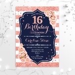 16e verjaardag - Roos goud en witte strepen van de Kaart<br><div class="desc">16e uitnodiging van de verjaardag. Elegant roos goudwit en marineontwerp met faux glitter. Ideaal voor een elegant verjaardagsfeestje.</div>