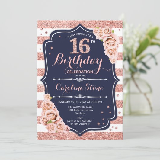 16e verjaardag - Roos goud en witte strepen van de Kaart (Staand voorkant)