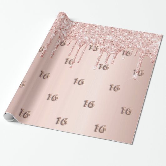 16e verjaardag roos goud glitter druppelt roze cadeaupapier (Uitgerold)