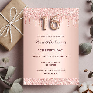 16e verjaardag roos goud glitter druppelt roze gla kaart