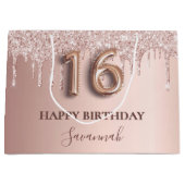 16e verjaardag roos goud glitter roze ballonstijl groot cadeauzakje (Voorkant)