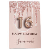 16e verjaardag roos goud glitter roze ballonstijl medium cadeauzakje (Voorkant)